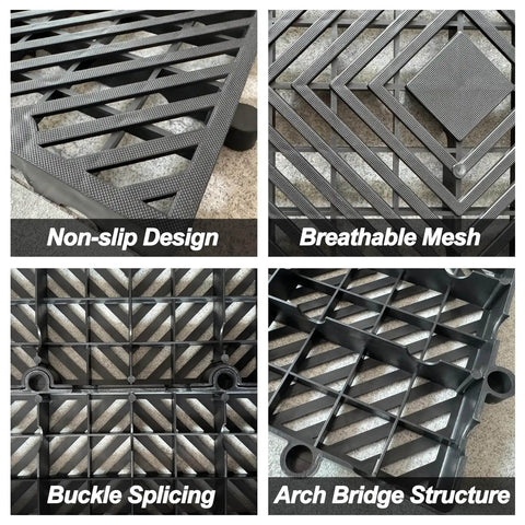 Close-up views of grid design and features of 10 Pcs Lightweight Plastic Pallets 11.8 By 23.6 By 1.18 Inch Waterproof Moisture Proof Floor Pallets