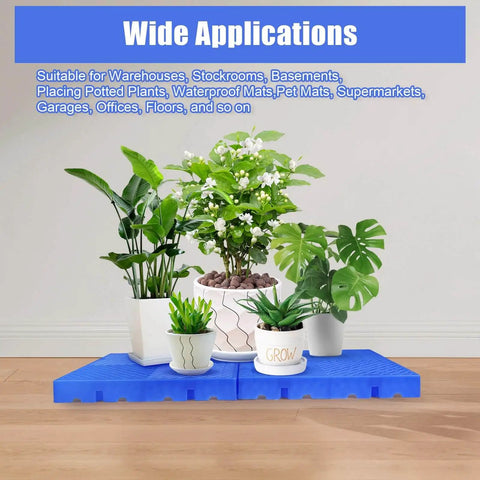 Six Piece Pack Of Plastic Pallets For Basement Storage Waterproof 50 By 50 Cm Ventilated Grid Mat with potted plants on top.
