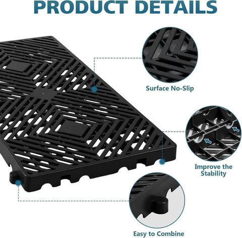 Lightweight 10 Piece Plastic Pallet Set 11.8 x 23.6 x 1.18 Inches With Grid Ventilation For Airflow And Grip, black surface detail