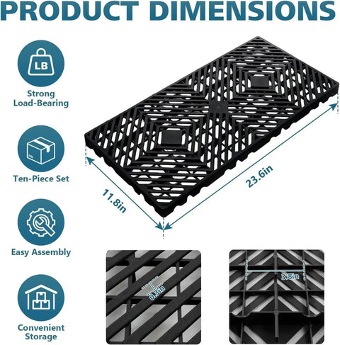 Lightweight 10 Piece Plastic Pallet Set 11.8 x 23.6 x 1.18 Inches With Grid Ventilation For Airflow And Grip Waterproof Floor Pallets