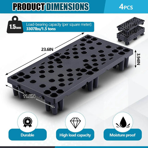 Four Pack Plastic Pallets For Basement Storage, Lightweight Waterproof Floor Pallets With Nestable Interlocking Design And Breathable Grids, 23.6 X 11.8 X 3.9 Inches, HDPE Construction, Supports Up To 220 Lbs shown with dimensions