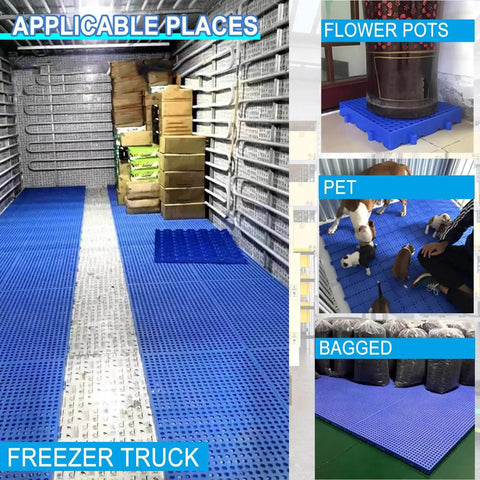 2 Pack Plastic Pallets With 0.3 Inch Round Holes And Breathable HDPE Grids For Garage Basement And Market Floors installed in freezer truck and various uses shown