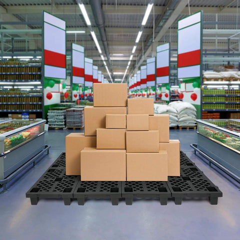 Eight Pack Plastic Pallets 23.6 Inch By 15.7 Inch By 3.9 Inch Thick Heavy Duty HDPE Floor Pallets with boxes in supermarket aisle