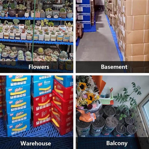 Heavy Duty Plastic Pallets Set Of 8 Nestable, Lightweight, Waterproof Storage Pads in use for flowers, basement, warehouse, balcony