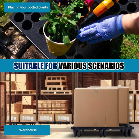 Four Pack Plastic Pallets For Basement Storage used for plants and boxes, lightweight waterproof design, 23.6x11.8x3.9 inches, HDPE