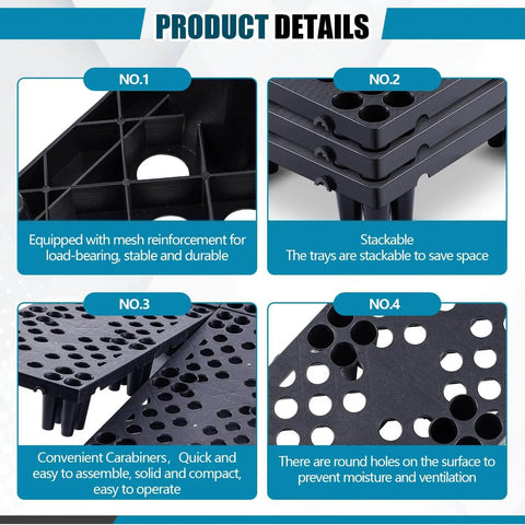Details of Four Pack Plastic Pallets for Basement Storage showing mesh reinforcement, stackable design, and breathable grids