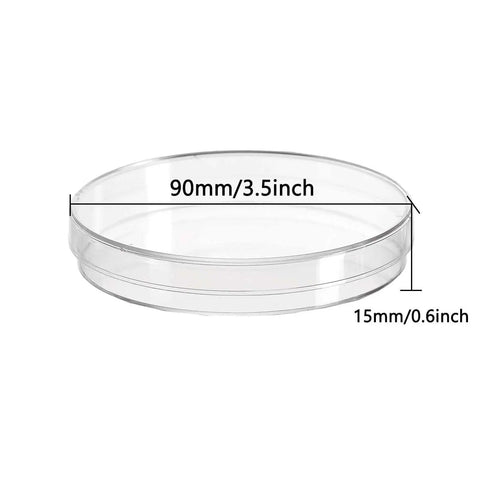 30 Pack Plastic Petri Dishes With Lids 90mm Diameter 15mm Deep Sterile Culture Dishes displayed with dimensions labeled