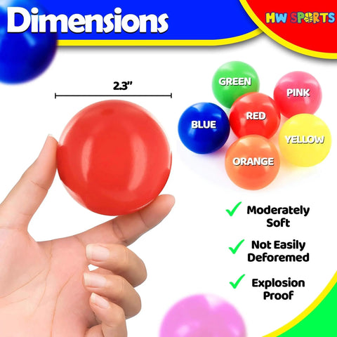 Hand holding red play ball for ball pit, 2.3-inch dimensions, assorted colors, text about softness and durability, HW Sports branding.