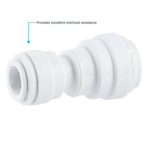Side view of Reducing Union Plastic Plumbing Fitting 3/8 Inch OD To 1/4 Inch OD Push To Connect, white polypropylene, leak-free quick connect.