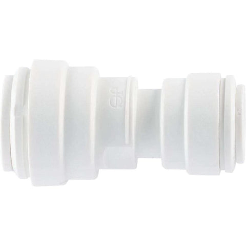 Side view of reducing union plastic plumbing fitting 3/8 inch OD to 1/4 inch OD push to connect, white plastic body.