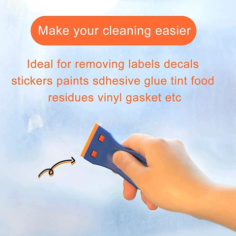 Hand holding Plastic Razor Blade Scraper Set With 4 Scrapers And 100 Replacement Blades For Efficient Label Decal Adhesive Sticker Removal.