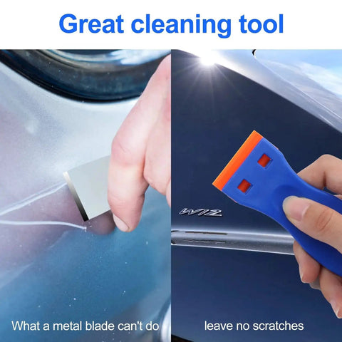 Plastic Razor Blade Scraper Set With 4 Scrapers And 100 Replacement Blades For Efficient Label Decal Adhesive Sticker And Paint Removal From Glass Windows Cars Walls Appliances And 3D Printer Beds Without Scratching in use on car surface