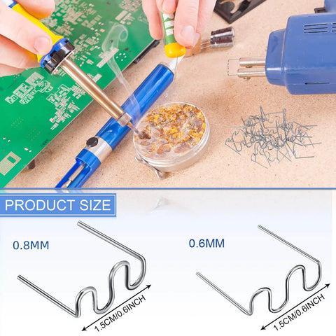 Hot Staples Welding Wire Kit For Plastic Repairs, showing 0.8 mm and 0.6 mm wave wires, tungsten steel