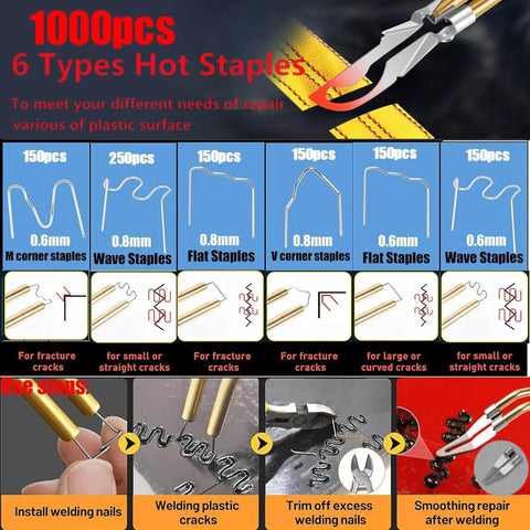 Chart showing 1000 pcs of 6 types of hot staples for use with Beefed Up 220W Plastic Welder 2 In 1 Repair Kit With Hot Stapler