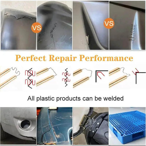 Hot Stapler Plastic Repair Welder Kit for Car Bumpers repairing cracked plastics with multiple staple types shown.