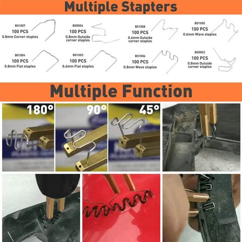 Plastic Welder Repair Kit With Beefed-Up Five Level Adjustable Power And LED Display, showcasing multiple staplers and functions