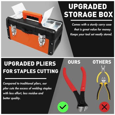 Plastic Welder Repair Kit With Beefed-Up Five Level Adjustable Power And LED Display, Bumper And Plastic Surface Repair Tool With Hot Stapler, Durable Toolbox, Long Reach Handle With Light, 110V Cord; shown with storage box and pliers