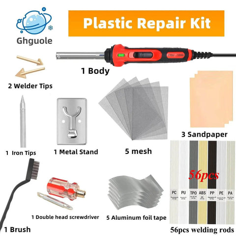 100W Plastic Welder Kit With 56 Pieces Rods And Soldering Tips 2 In 1 Welding And Soldering Tool With accessories displayed