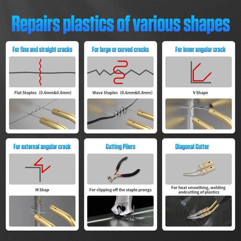 Adjustable Power Plastic Repair Welder Kit With 600 Hot Staples For Bumper Repair And DIY Projects Easy To Use Plastic Welding Tool features for various crack repairs with flat, wave, and M shape staples along with cutting pliers and diagonal cutters.