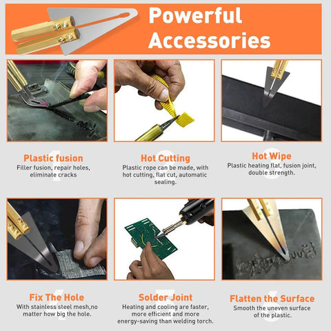 Plastic Welder Repair Kit With Beefed-Up Five Level Adjustable Power And LED Display showing various repair uses and tools