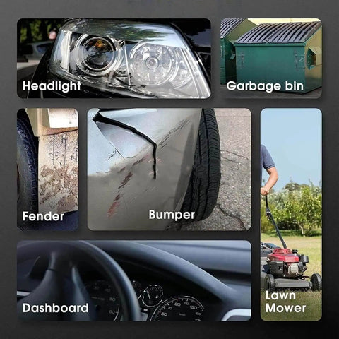 Collage of car headlight, garbage bin, scratched fender and bumper, car dashboard, and lawn mower labeled for repair with welder kit
