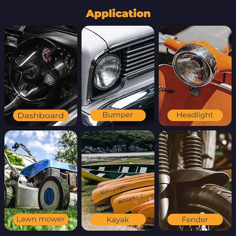 Applications of Hot Stapler Plastic Repair Welder Kit for car bumpers, dashboards, headlights, lawn mowers, kayaks, and fenders.