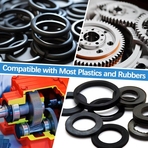 Collage of rubber seals, gears, and mechanical parts with text 'Compatible with Most Plastics and Rubbers'