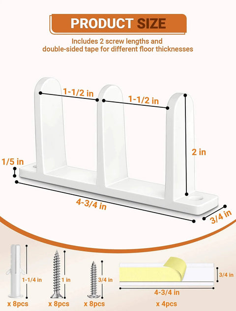 Diagram of 4 Pack Plastic Siding Closet Door Floor Guide, Universal Fit for 1-3/8" Width Doors, showing dimensions and included parts.