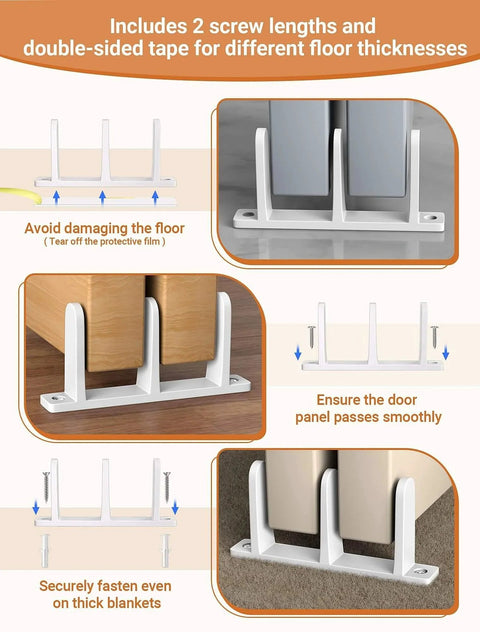 4 Pack Plastic Siding Closet Door Floor Guide, Universal Fit for 1-3/8" Width Doors, shown with installation options