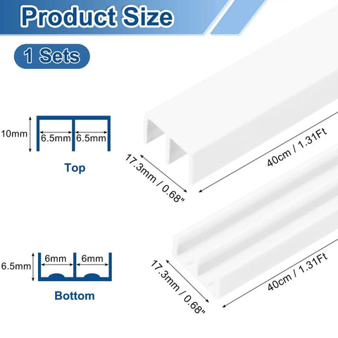 Diagram of Plastic Sliding Door Track For One Quarter Inch Thick Panels Forty Centimeter Total Length White Upper Rail And Lower Rail Set dimensions.