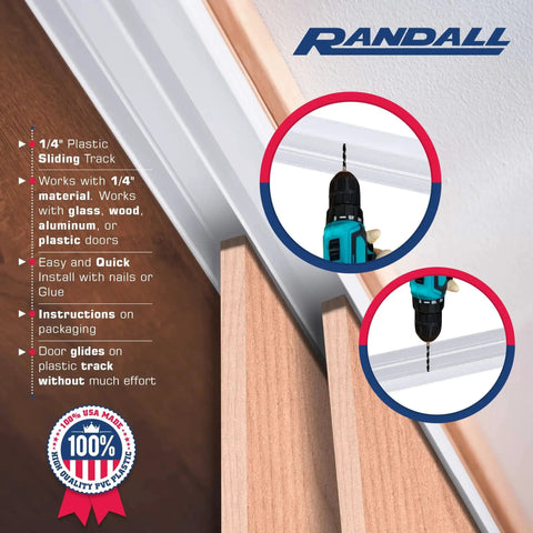 One Quarter Inch Plastic Sliding Door Track Kit White 4 Feet Long With Top Guide And Bottom Track installed on wood panel