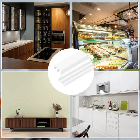 Plastic Sliding Door Track For One Quarter Inch Thick Panels Forty Centimeter Total Length White Upper Rail And Lower Rail Set For Small Bypass Closet Doors Glass Cabinet Window Track Hardware shown in various home settings.