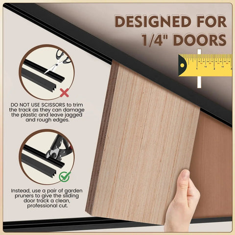 Person holding quarter inch panel next to two sets of four feet plastic sliding door track system for one quarter inch glass panels in cabinets with upper and lower tracks matte black finish PVC durable low noise sliding track for easy installation and seamless operation