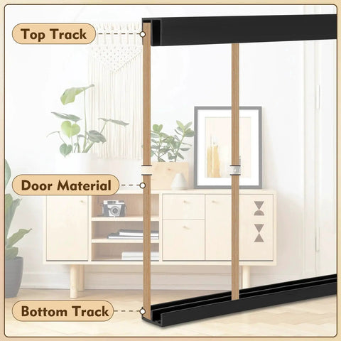 Two Sets Of Four Feet Plastic Sliding Door Track System For One Quarter Inch Glass Panels In Cabinets With Upper And Lower Tracks Matte Black Finish PVC Durable Low Noise Sliding Track For Easy Installation And Seamless Operation image showing matte black tracks with wooden door material.