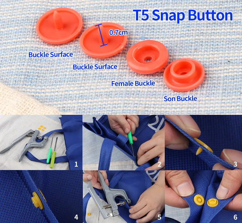 400 Snap Button Sets With Snap Pliers T5 Plastic Snaps No Sew Fasteners For Clothing Diapers Bibs Raincoats Crafting In 20 Colors Includes 800 Caps 400 Sockets 400 Studs Plus Storage Bags, close-up of red and yellow snaps with pliers in use.