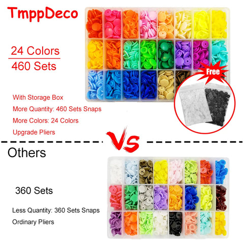 Comparison of All In One Plastic Snap Kit With Pliers From TmppDeco, 460 Snap Sets In 24 Colors, with storage box and pliers