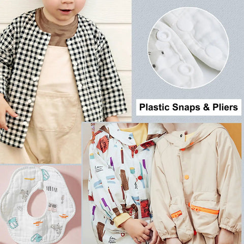 All In One Plastic Snap Kit With Pliers From TmppDeco, 460 Snap Sets In 24 Colors shown on children's clothing and bib