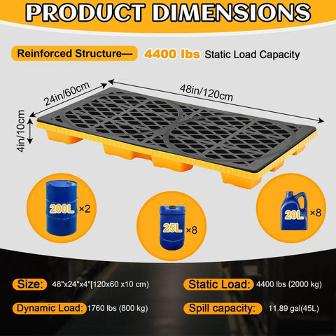 Spill Containment Platform For Industrial Use Plastic Containment Tray With Grating And Drain Outlet Heavy Duty Pallet Stackable 4400 Lbs Capacity 48 By 24 By 4 Inches Weysat diagram