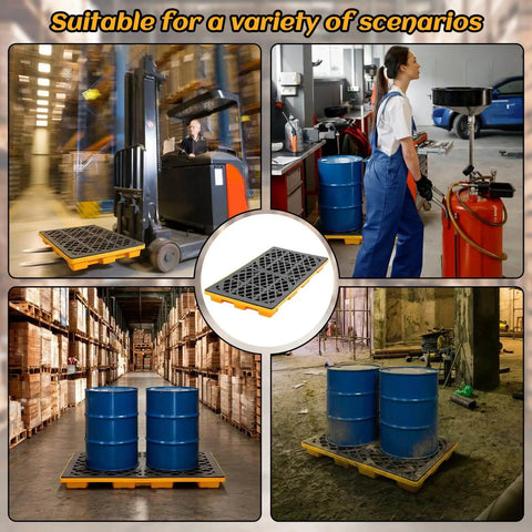 Spill Containment Platform For Industrial Use Plastic Containment Tray With Grating And Drain Outlet Heavy Duty Pallet Stackable 4400 Lbs Capacity 48 By 24 By 4 Inches Weysat in various warehouse and garage scenarios.