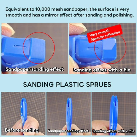 Comparison of plastic sprues before and after using the three piece precision glass polishing file set, showing smooth finishes.