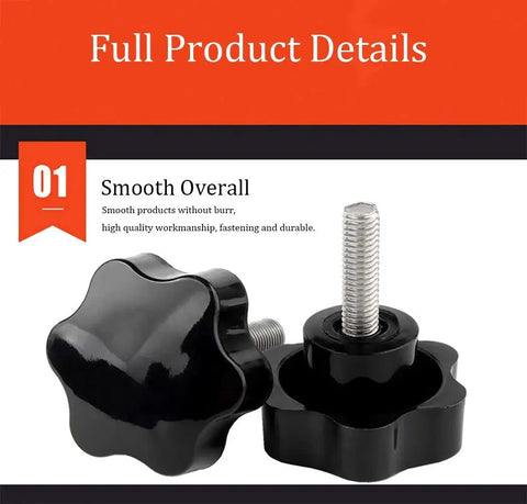 M6 x 30mm Plastic Clamping Knobs Set with Thumb Screws and Star Knobs shown in smooth finish, corrosion resistant, toolless operation