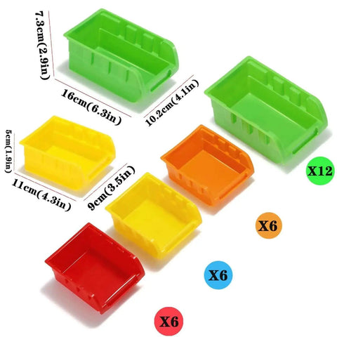 Wall Mounted Storage Bins Rack With Four Color Bins For Garage And Workshop Organization 25.2 By 16.2 Inches Plastic Bin Organizer