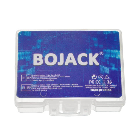 Plastic case labeled 'BOJACK' containing 50 Amp High Current Auto Fuse Pack Of 3 Bolt On Fuses For Cars, Trucks, RVs, Buses, Caravans And Construction Vehicles With Tin Plated Terminals, Quick Response Protection And Durable High Temp Body For Your Ride And Rig.