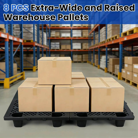 8 Pack Raised Plastic Pallets With Breathable Grid For Basement Storage Kitchen And Supermarket Use Interlocking Nestable Lightweight Moisture Resistant Floor Pallets 19.6 X 11.8 X 4.9 Inch Black, boxes stacked on pallets.