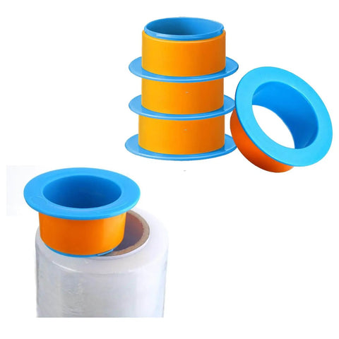 3 Pairs Plastic Stretch Film Hand Saver Handles For 3 Inch Core Wrap Film Manual Puller Grip For Shipping Packing Pallet And Moving Supplies Reusable Waterproof Plastic Tool, shown stacked and attached to plastic wrap roll.