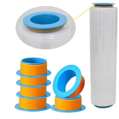 3 Pairs Plastic Stretch Film Hand Saver Handles For 3 Inch Core Wrap Film Manual Puller Grip For Shipping Packing Pallet And Moving Supplies Reusable Waterproof Plastic Tool shown with blue and orange grips, includes stretch film roll.