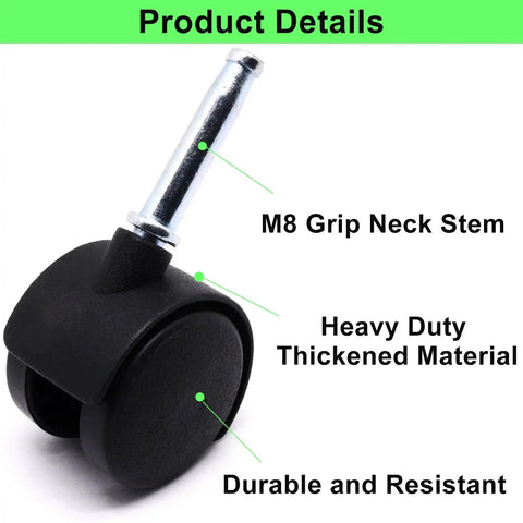 1.5 Inch Plastic Swivel Casters Set Of 4 With M8 Neck Stem 360 Degree Rotation Black Nylon Replacement Wheels close-up view