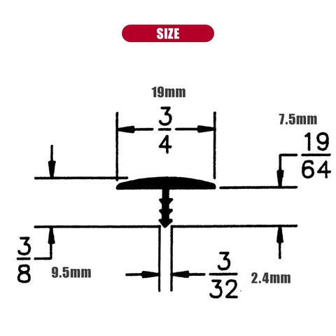 Diagram of 25 Ft White 3/4 Inch Plastic Center Barb T Molding Edge Banding dimensions, showing width and center barb measurements.