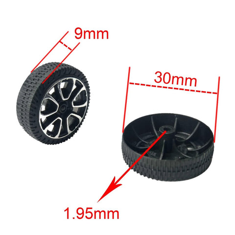 100pcs Plastic Toy Wheels 30mm Diameter with 2mm Shaft Hole for Car Truck Model Toys, Black and Silver, side and bottom view