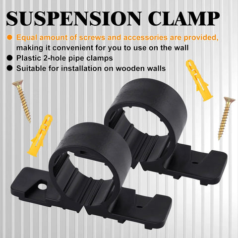 Two black plastic 1/2-inch pipe suspension clamps with screws for PEX, copper, CPVC pipes
